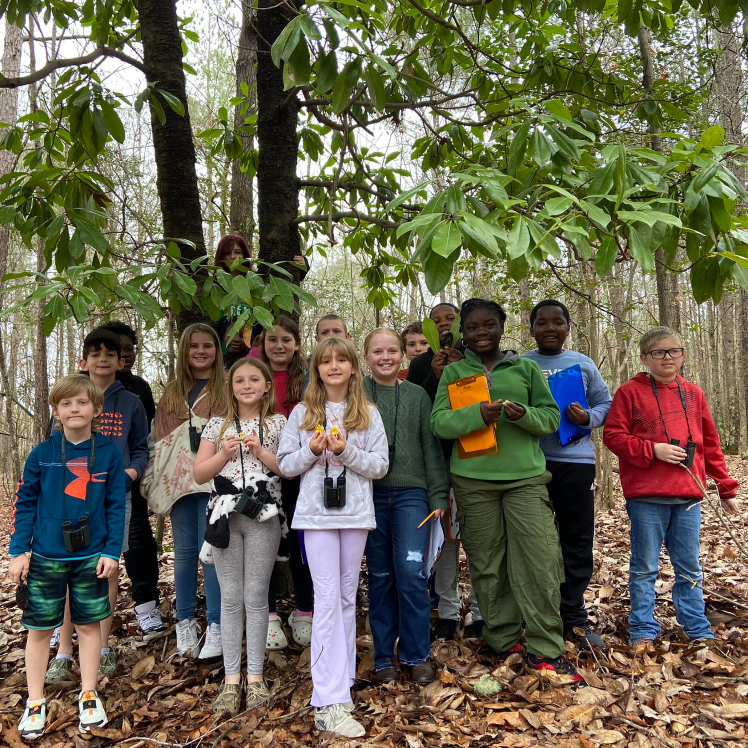 GSS_2 Group of middle school-aged children on a field trip in a forested landscape, holding clipboards and binoculars.